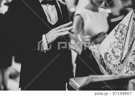 Bride and groom exchanging wedding rings. Stylish couple official ceremony Bride and groom exchanging wedding rings. Stylish couple official ceremony 97199607