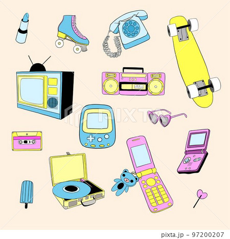 Collection of 80s-90s elements. Roller skate, cassette, skate board, recorder, TV, sunglasses, phone. Old School print. Isolated doodle vector illustration 97200207