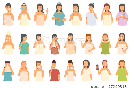 Make-up removal icons set cartoon vector. Face beauty. Mask woman 97200313