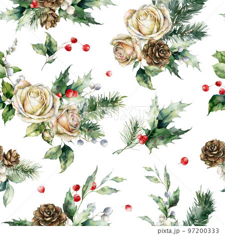 Watercolor Christmas seamless pattern of pine branch, white rose, red berries and leaves. Hand painted holiday plants isolated on white background. Illustration for design, print, fabric, background. 97200333