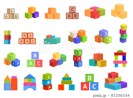 Children building blocks icons set cartoon vector. Wooden toy. Kid block Children building blocks icons set cartoon vector. Wooden toy. Kid block 97200334