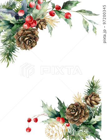 Watercolor Christmas vertical border of berries, gold pine cone and leaves. Hand painted holiday card of plants isolated on white background. Illustration for design, print, fabric or background. 97200345