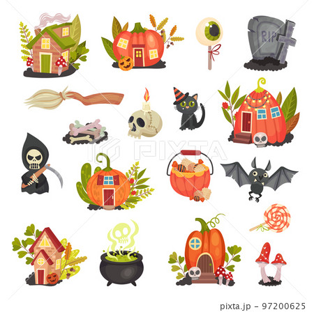 Halloween Symbols and Attributes with Pumpkin House, Bat, Black Cat, Skull and Death Big Vector Set 97200625