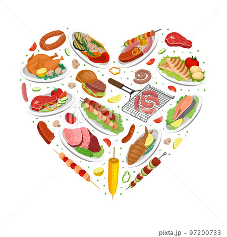 Grilled Food Heart Shaped Composition Design with Delicious Dish Served on Plate Vector Template 97200733