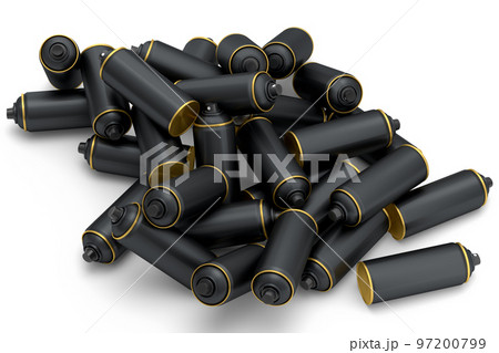 Lots of flying spray paint cans on white background. Spray bottle and dispenser 97200799