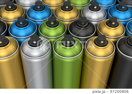 Set of spray paint cans in row on white background. Spray bottle and dispenser 97200806