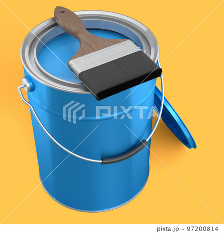 Open metal can or buckets with paint bristle brush on yellow background. 97200814