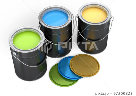 Set of open metal can or buckets of paint with handle on white background. Set of open metal can or buckets of paint with handle on white background. 97200823