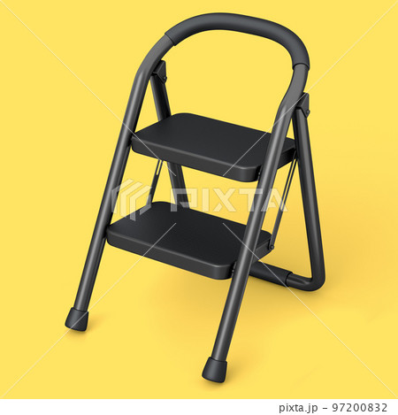 High folding ladder with steps for garden and repair work on yellow background. 97200832