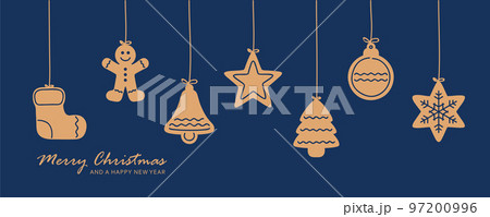christmas card with hanging gingerbread cookies decoration on blue background 97200996