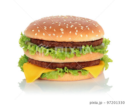 Big hamburger with two beef cutlets on white background Big hamburger with two beef cutlets on white background 97201330