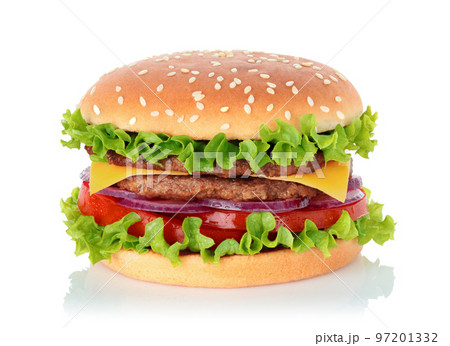 Big hamburger with two beef cutlets on white background Big hamburger with two beef cutlets on white background 97201332