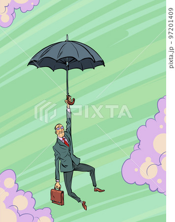 A businessman with a briefcase is flying on an umbrella. Business goal and development. Movement towards a dream A businessman with a briefcase is flying on an umbrella. Business goal and development. Movement towards a dream 97201409