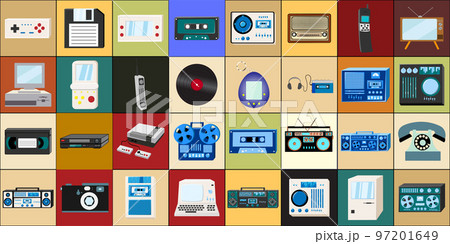 Set of icons old retro vintage hipster tech electronics: cassette audio tape recorder, computer, game consoles for video games from the 70s, 80s, 90s. Vector illustration 97201649