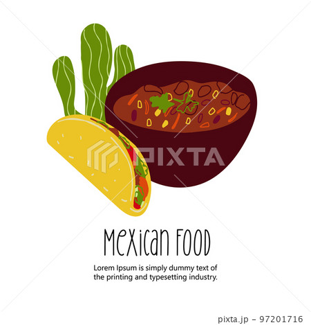 Mexican food illustration Tacos and Chili Con Mexican food illustration Tacos and Chili Con 97201716