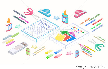 Office supplies in 3D isometric style. Writing materials and other stationery set. Office supplies in 3D isometric style. Writing materials and other stationery set. 97201935