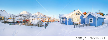 Splendid morning seascape of Norwegian sea and cityscape of Sorvagen town. Splendid morning seascape of Norwegian sea and cityscape of Sorvagen town. 97202571