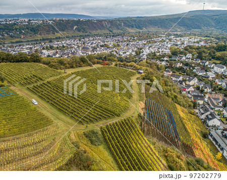 Aerial view Famous German Wine Region Moselle River Lay and Guels village Autumn Fall colors Aerial view Famous German Wine Region Moselle River Lay and Guels village Autumn Fall colors 97202779