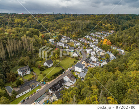 Aerial view Famous German Wine Region Moselle River Lay and Guels village Autumn Fall colors Aerial view Famous German Wine Region Moselle River Lay and Guels village Autumn Fall colors 97202780