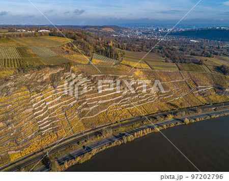 Aerial view Famous German Wine Region Moselle River Lay and Guels village Autumn Fall colors 97202796