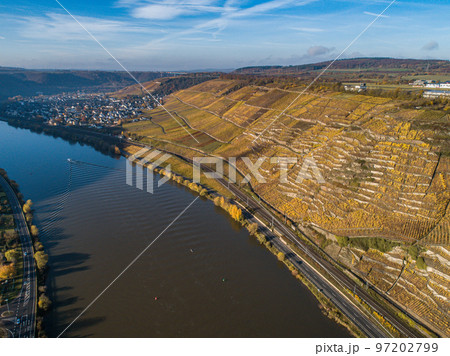 Aerial view Famous German Wine Region Moselle River Lay and Guels village Autumn Fall colors 97202799