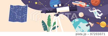 Astronomy Science Learning Concept with Telescope, Sky Map, Planets and Stars in Space with Astronaut, Satellite 97203071