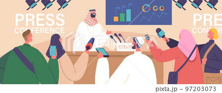 Arab Press Conference, Briefing with Arabic Speaker Concept. Man Speaking to Audience, Journalists with Microphones Arab Press Conference, Briefing with Arabic Speaker Concept. Man Speaking to Audience, Journalists with Microphones 97203073