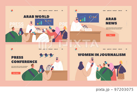 Arab Press Conference, Briefing with Arabic Speaker Landing Page Template Set. Man Speaking to Audience Illustration Arab Press Conference, Briefing with Arabic Speaker Landing Page Template Set. Man Speaking to Audience Illustration 97203075