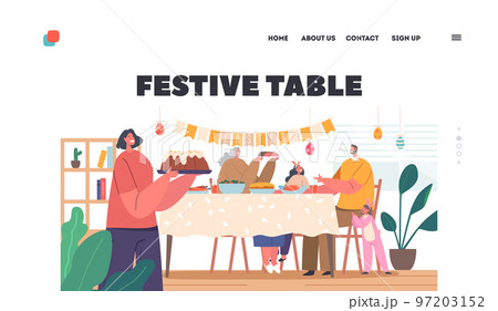 Festive Table Landing Page Template. Happy Family Characters Mother, Father, Granny and Kids Having Easter Dinner Festive Table Landing Page Template. Happy Family Characters Mother, Father, Granny and Kids Having Easter Dinner 97203152