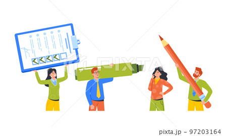 Business Men and Women with Stationery and Checklist Isolated on White Background. Tiny Male and Female Characters 97203164
