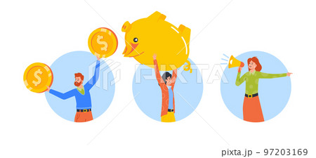 Man Carry Piggy Bank, Employee With Coins, Woman With Megaphone Isolated Round Icons Or Avatars Illustration 97203169