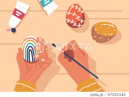 Process Of Dyeing Eggs With Paints For Easter Traditional Event. Person Making Dyed Eggs On Wooden Table Top View 97203182