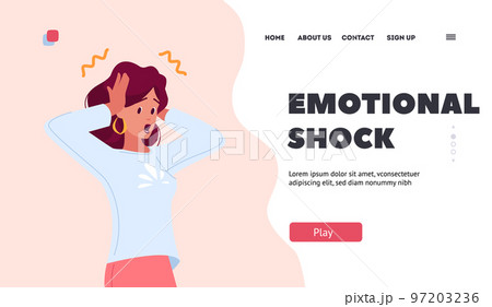 Emotional Shock Landing Page Template. Surprised Young Woman, Unexpected . Astonished Female Character Emotional Shock Landing Page Template. Surprised Young Woman, Unexpected . Astonished Female Character 97203236