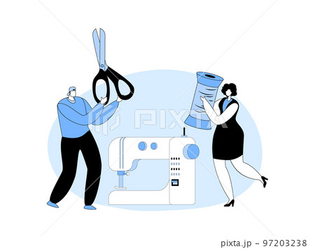 Fashion Design Concept, Dressmakers Create Outfit and Apparel on Sewing Machine. Tiny Tailors with Spool and Scissors 97203238