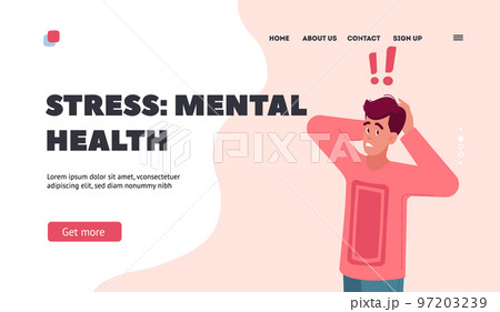 Stress, Mental Health Landing Page Template. Young Man Stress, Shock or Confused Emotion. Astonished Male Character Stress, Mental Health Landing Page Template. Young Man Stress, Shock or Confused Emotion. Astonished Male Character 97203239