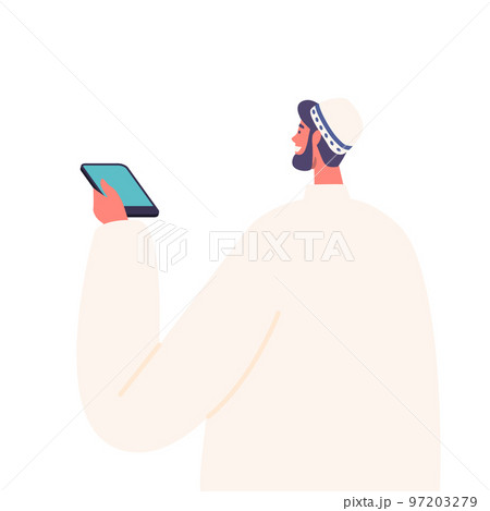 Arab Journalist Male Character Holding Dictaphone, Muslim Reporter Interviewing Rear View. Media Person Reportage 97203279