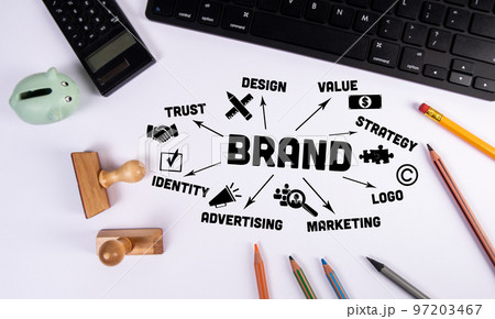 Brand Concept. Computer keyboard and office supplies on white table 97203467