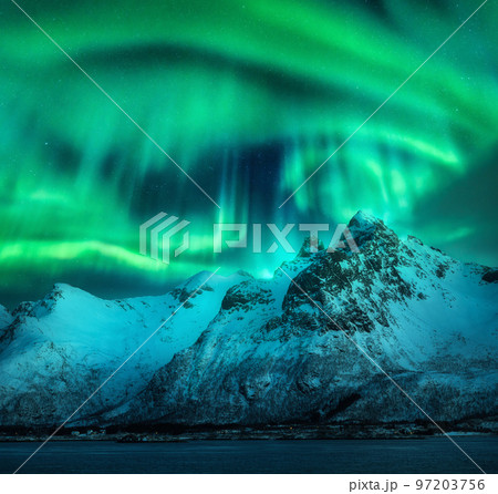 Aurora borealis over the snowy mountains, sea coast at night 97203756
