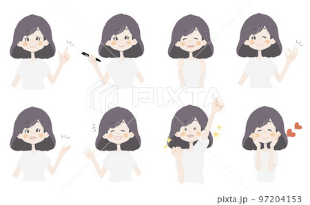 【おすすめ、ペン持ち、ガッツ、OK、どうぞ、手振る、美味しい】表情とポーズのバリエーションセット 97204153