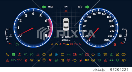 Car digital dashboard speedometer display fuel panel. Car cluster dashboard panel vector design 97204225