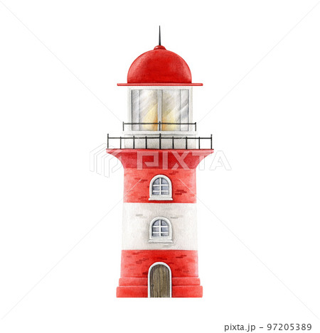 Lighthouse watercolor illustration. Hand drawn nice red sea coast vintage style building. Small cute single beacon element. Lighthouse on white background 97205389
