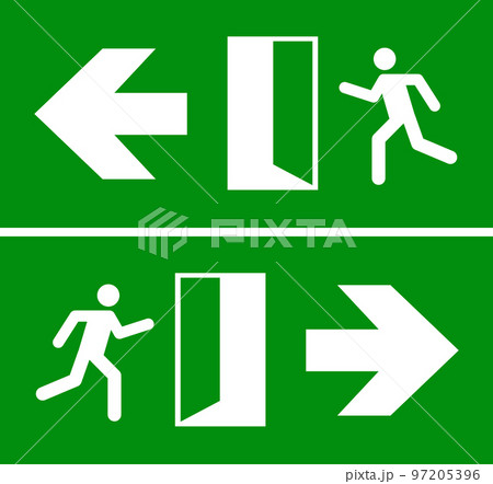 Emergency fire exit sign. Evacuation fire escape door vector sign pictogram arrow exit route 97205396