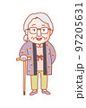 杖を突いてちゃんちゃんこを着た穏やかそうな高齢の女性 97205631