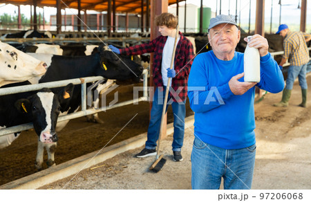 Farm owner and workers in cowhouse Farm owner and workers in cowhouse 97206068