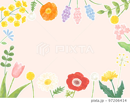 菜の花やチューリップやタンポポなどの春の花のフレーム 97206414