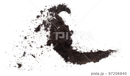 Black Fertilize Soil ready to planting, good organic soils with root for garden farming, fine detail of soil throw fly in air with dust dirty. High speed freeze shot over White background Isolated. 97206840