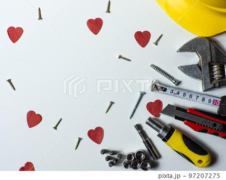 Construction tools, hard hat on white background with copy space 97207275