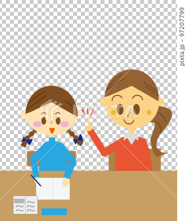 家庭教師に教えてもらっている子供・母親と勉強する女の子・自宅学習・イラスト・個人指導の塾 97207799