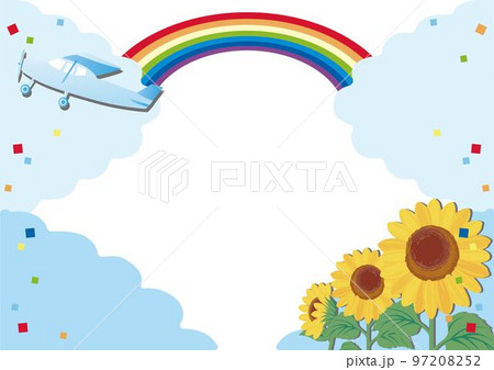 飛行機と空とひまわりのフレーム コピースペース 背景 イラスト素材 飛行機と空とひまわりのフレーム コピースペース 背景 イラスト素材 97208252