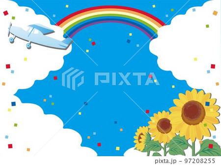 飛行機と空とひまわりのフレーム コピースペース 背景 イラスト素材 飛行機と空とひまわりのフレーム コピースペース 背景 イラスト素材 97208255